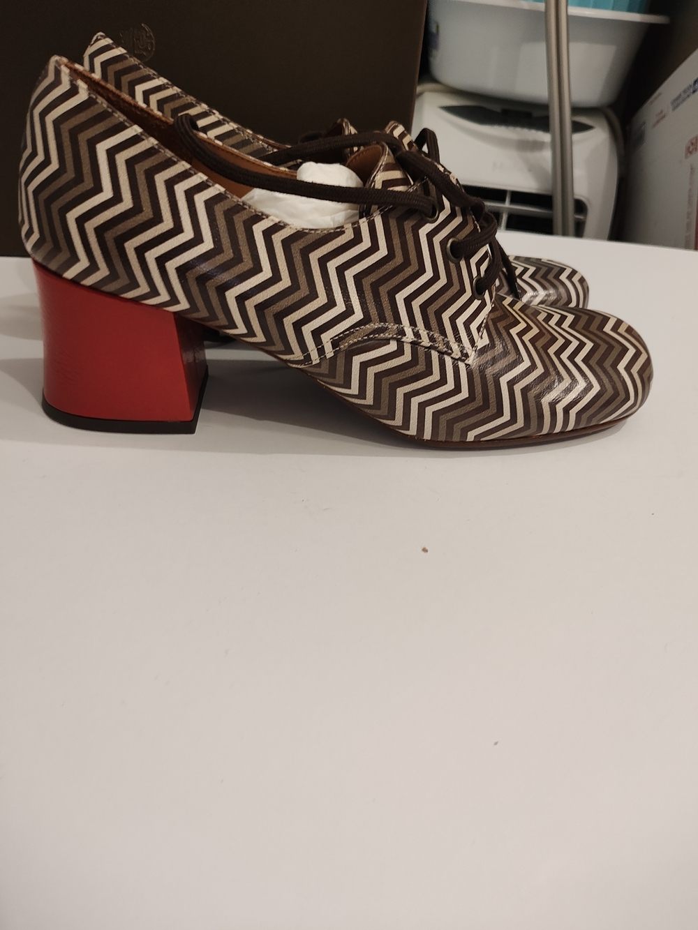 Chie Mihara Chevron Lace-Up Oxfords in Brown and Cream - Picture 12 of 16